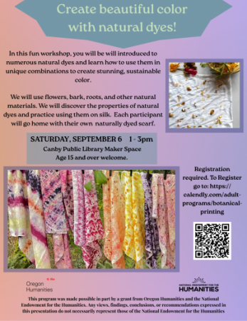Colorful flyer with class description and 2 images of naturally dyed silk scarves.