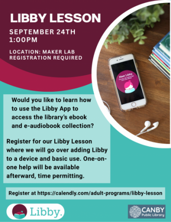 Teal and purple background with circular picture of cell phone on a desk displaying the libby app