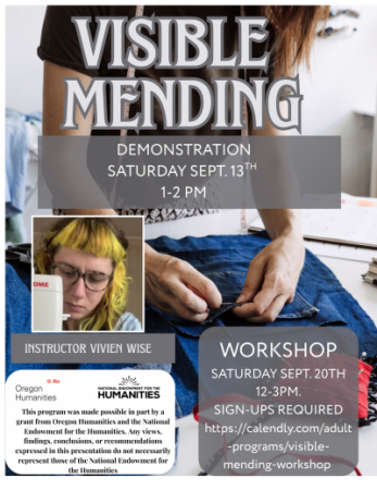 Flyer about visible mending . Person using hand sewing method to do repairs.