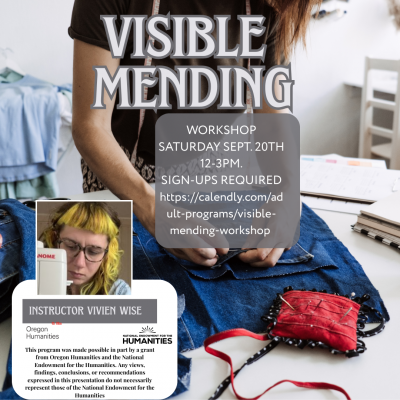 Flyer about visible mending. Image of hands using hand sewn technique to mend garment