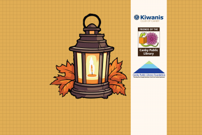 Lantern with leaves and library support group logos.