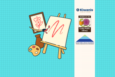 Image of canvas with other various art supplies and library support group logos.