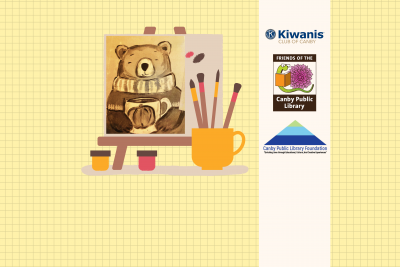 Canvas with art supplies with bear picture and library support group logos