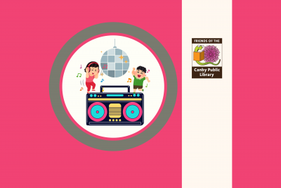 Image of two kids dancing under disco ball on a boombox and library support group logo