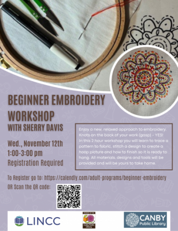 Purple background with embroidery hoop, tools, and primary colored flower design