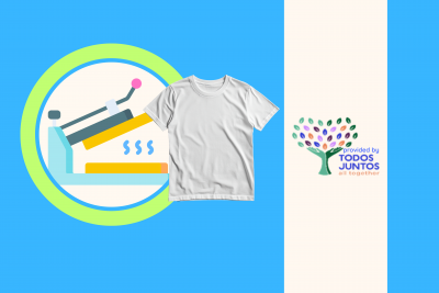 Picture of Heat Press and T-Shirt and Todos Juntos Logo.  The words provided by.