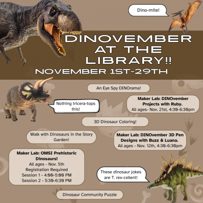 brown background with dinos telling jokes. T-rex at the top. triceratops: nothing triceratops this. pterodactyl: Dino-mite. 