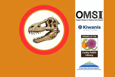image of t-rex skull, logos of library support groups, OMSI