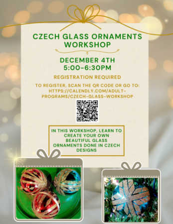 beige background with warm glowing lights, two illustrated gifts up front each with a picture of sparkling glass ornaments