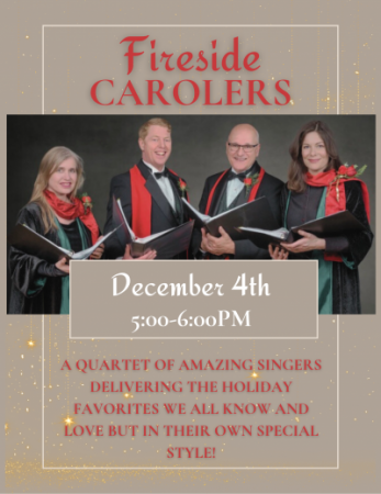 a quartet of singers in black suits and dresses with red and green ties