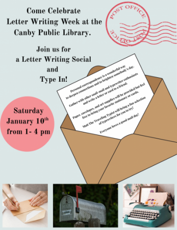 Flyer announcing Letter Writing Event with images of envelope, mail box and typewriter.