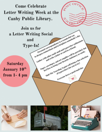 flyer announcing letter writing event with images of a typewriter and mailbox