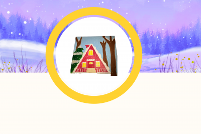 Image of winter scene and picture of A frame house with snow covering