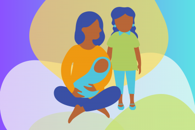 image of mom holding baby with her toddler standing to the right of her