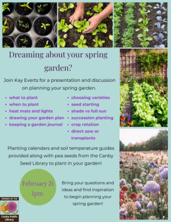 Flyer announcing Spring Garden presentation. Photographs of vegetable and flower gardens.