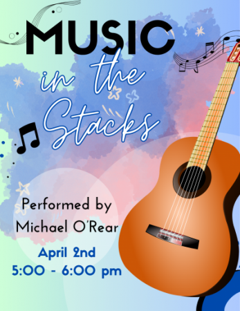 Illustrated guitar in foreground with pastel green, blue, and pink background with musical notes swirling about