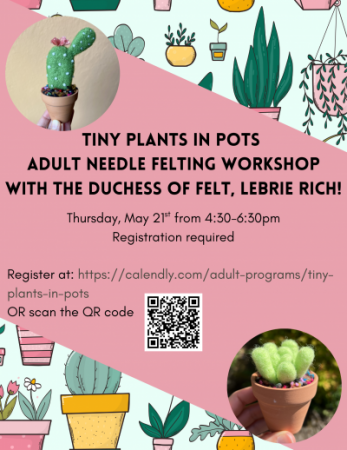 background of illustrated succulents with foreground of photos with felted cacti in tiny brown pots
