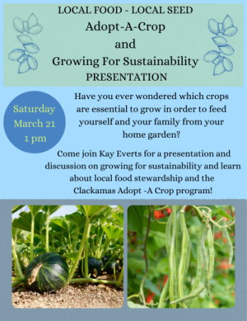 Flyer announcing gardening class with photograph of bean plant and squash plant