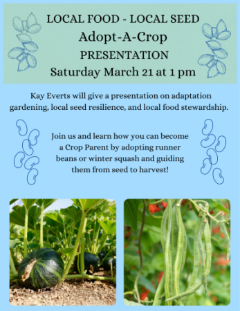 Flyer announcing gardening class with photograph of bean plant and squash plant