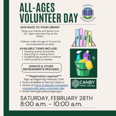 All ages volunteer day flyer on tan and green background