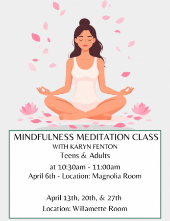 Woman in meditative pose with relaxed expression and pink lotus flowers and petals framing her body