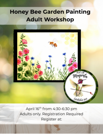 Painting of bee near tall pink and blue flowers