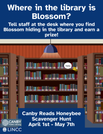 Illustration of library shelves full of books with tiny bee hiding behind one shelf and saying "hello".