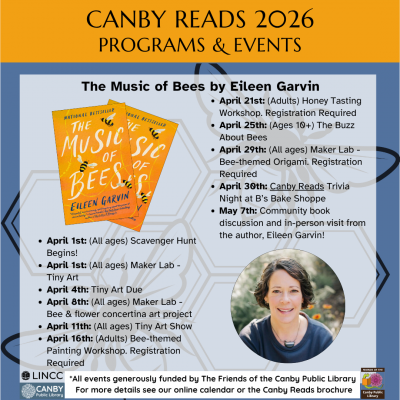 Blue background with black honeycomb overlay, bright yellow The Music of Bees book cover, and image of the author