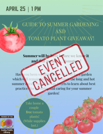 Colorful flyer announcing cacellation of presentation on summer gardening.