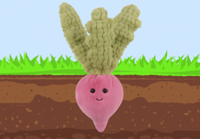 Image of a pink plushie radish planted in the ground.