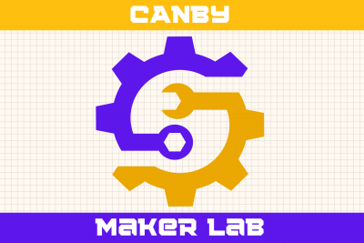 Image of a two-color gear in purple and yellow. Words Canby Maker Lab