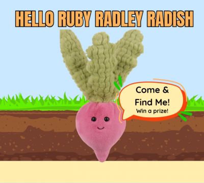 Words hello ruby radley radish, come & find me, win a prize.  Picture of red radish plushie.