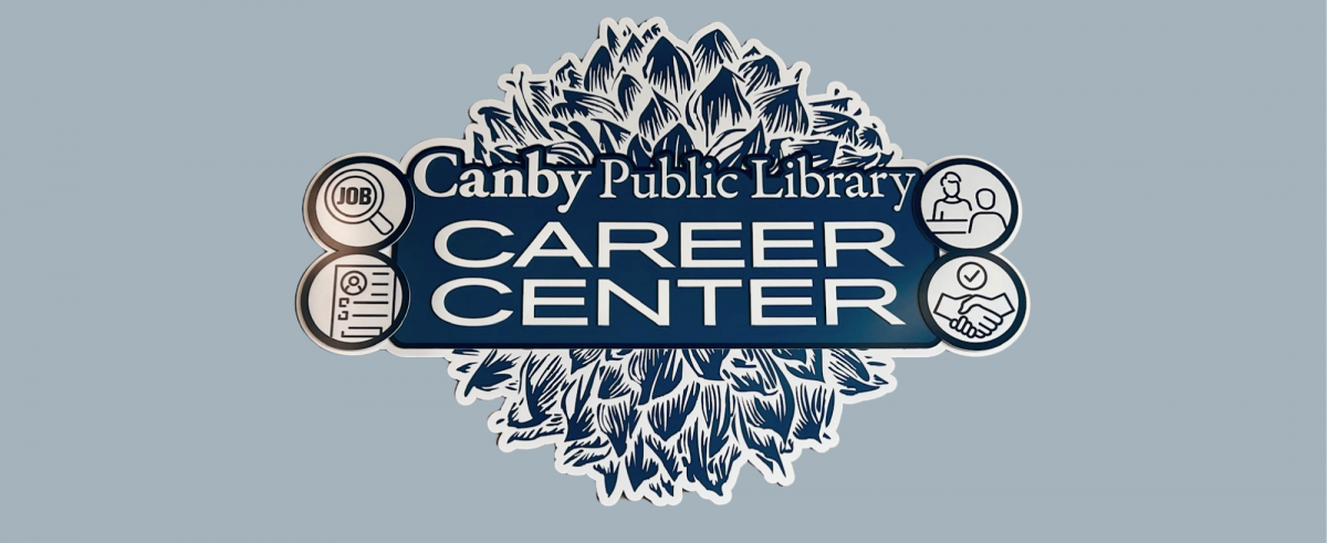 Blue dahlia with canby public library career center text over it. small black and white icons around it depicting job tasks