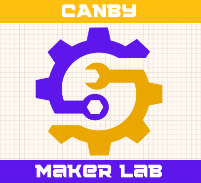 Image of a two-color gear in purple and yellow. Words Canby Maker Lab