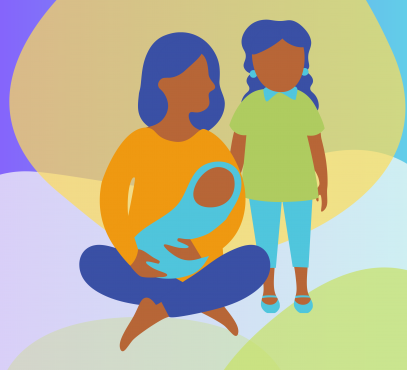 image of mom holding baby with her toddler standing to the right of her