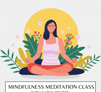 image woman with eyes closed meditating and surrounded by green plants and flowers