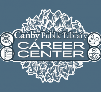 Blue dahlia with canby public library career center text over it. small black and white icons around it depicting job tasks
