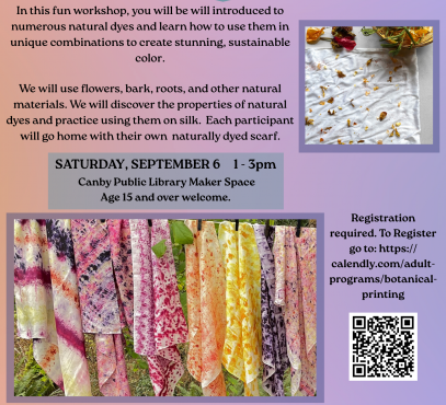 Colorful flyer with class description and 2 images of naturally dyed silk scarves.