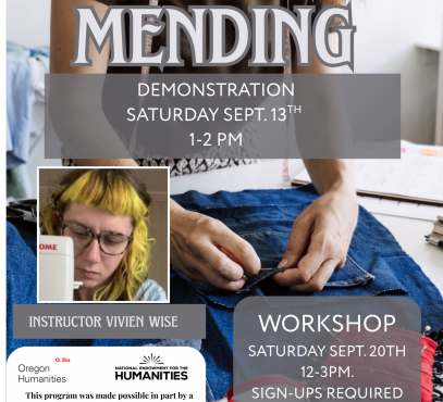 Flyer about visible mending . Person using hand sewing method to do repairs.