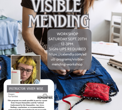 Flyer about visible mending. Image of hands using hand sewn technique to mend garment