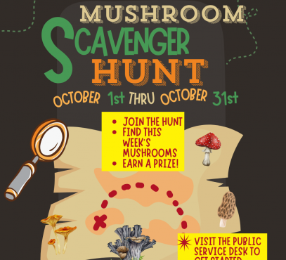 Black background with treasure map, magnifying glass, and mushrooms