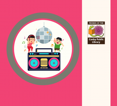 Image of two kids dancing under disco ball on a boombox and library support group logo