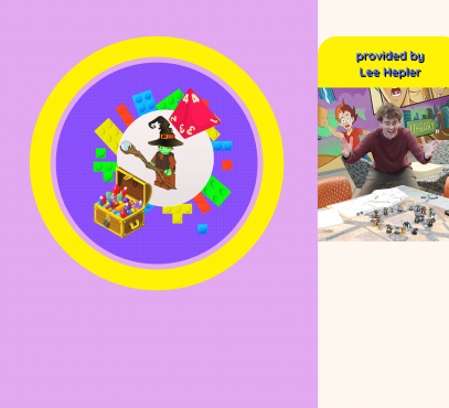 Image of Lego wizard minifig, treasure chest, lego pieces, and D&D dice.