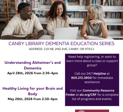 alzheimer's association logo on purple banner group of three people smile and talk while examining info on a laptop screen