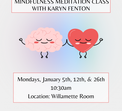 illustrated brain and heart holding hands and meditating with a peaceful look on their faces