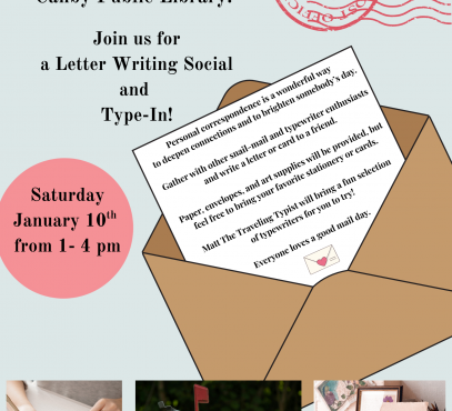 flyer announcing letter writing event with images of a typewriter and mailbox