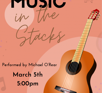 Apricot background with faint music notes dancing around the edges highlighting a illustration of a guitar