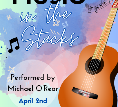 Illustrated guitar in foreground with pastel green, blue, and pink background with musical notes swirling about