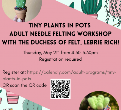 background of illustrated succulents with foreground of photos with felted cacti in tiny brown pots