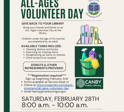All ages volunteer day flyer on tan and green background